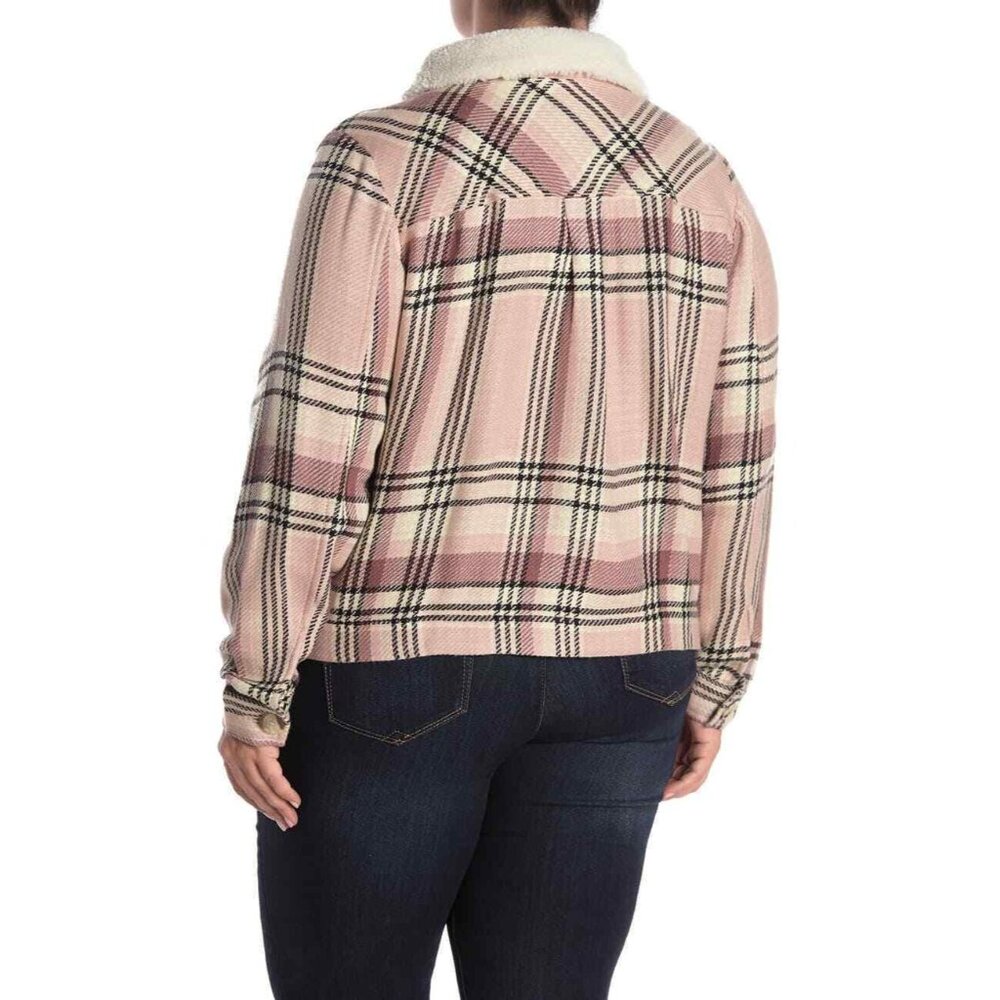 Susina Womens Plaid Jacket Size 2X Faux Shearling Trimmed Collar Pink LS New - Picture 3 of 8